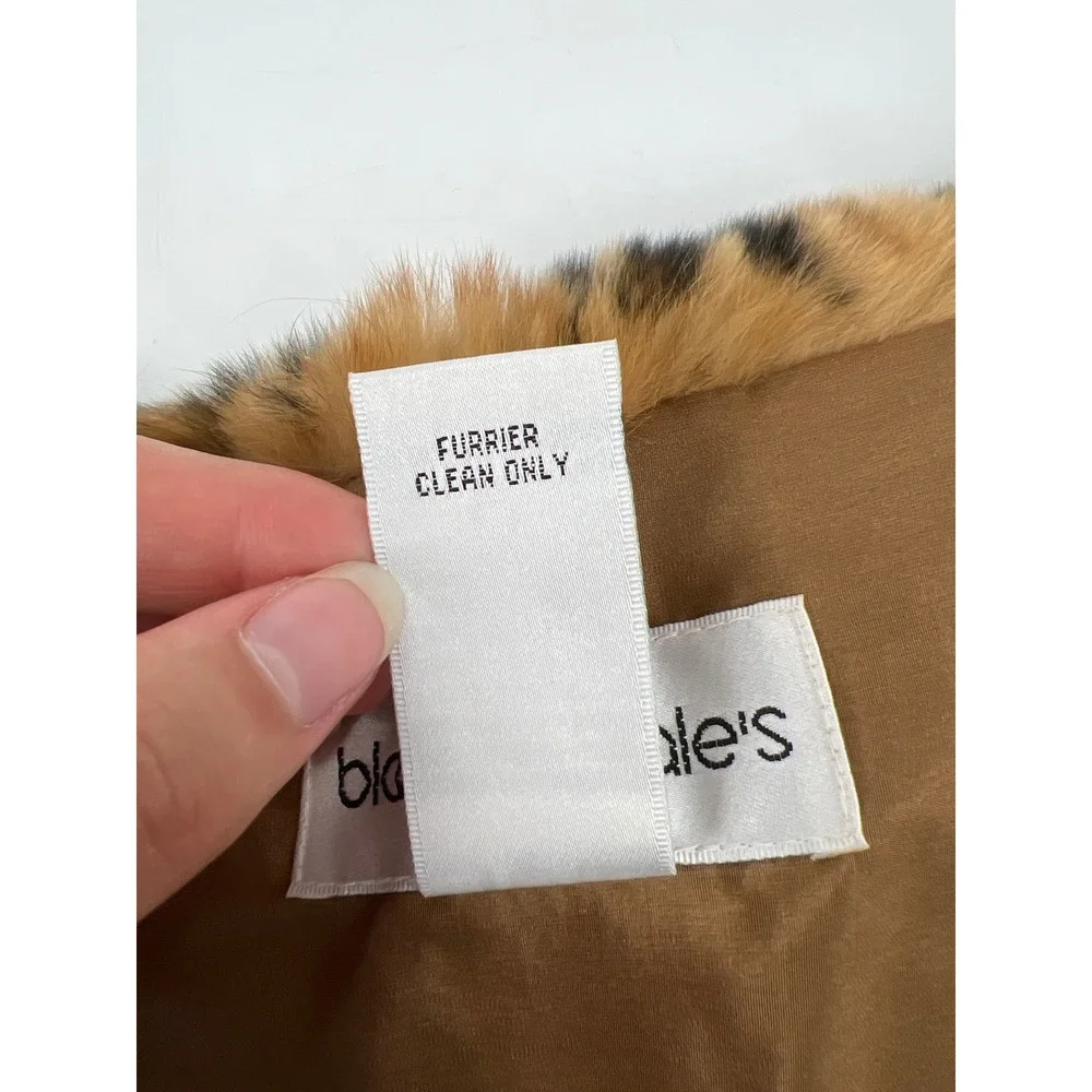 Bloomingdales Real Rabbit Fur Scarf Brown Leopard Mob Wife Luxury Rex Silk Lined